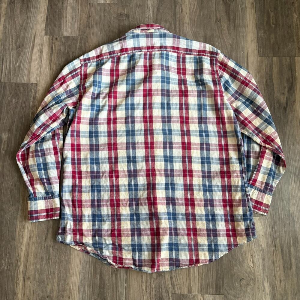 Vintage 1970s Enro Button Up Shirt Men's Size XL Plaid Striped Flannel Distress - Picture 7 of 7